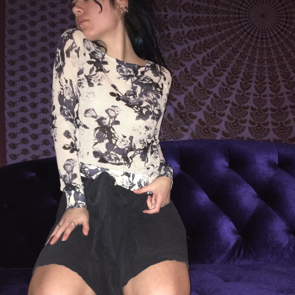 Cream waffle knit long sleeve shirt blue roses